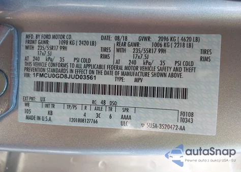 2018 Ford Escape Se from USA, damaged, VIN 1FMCU0GD8JUD03561